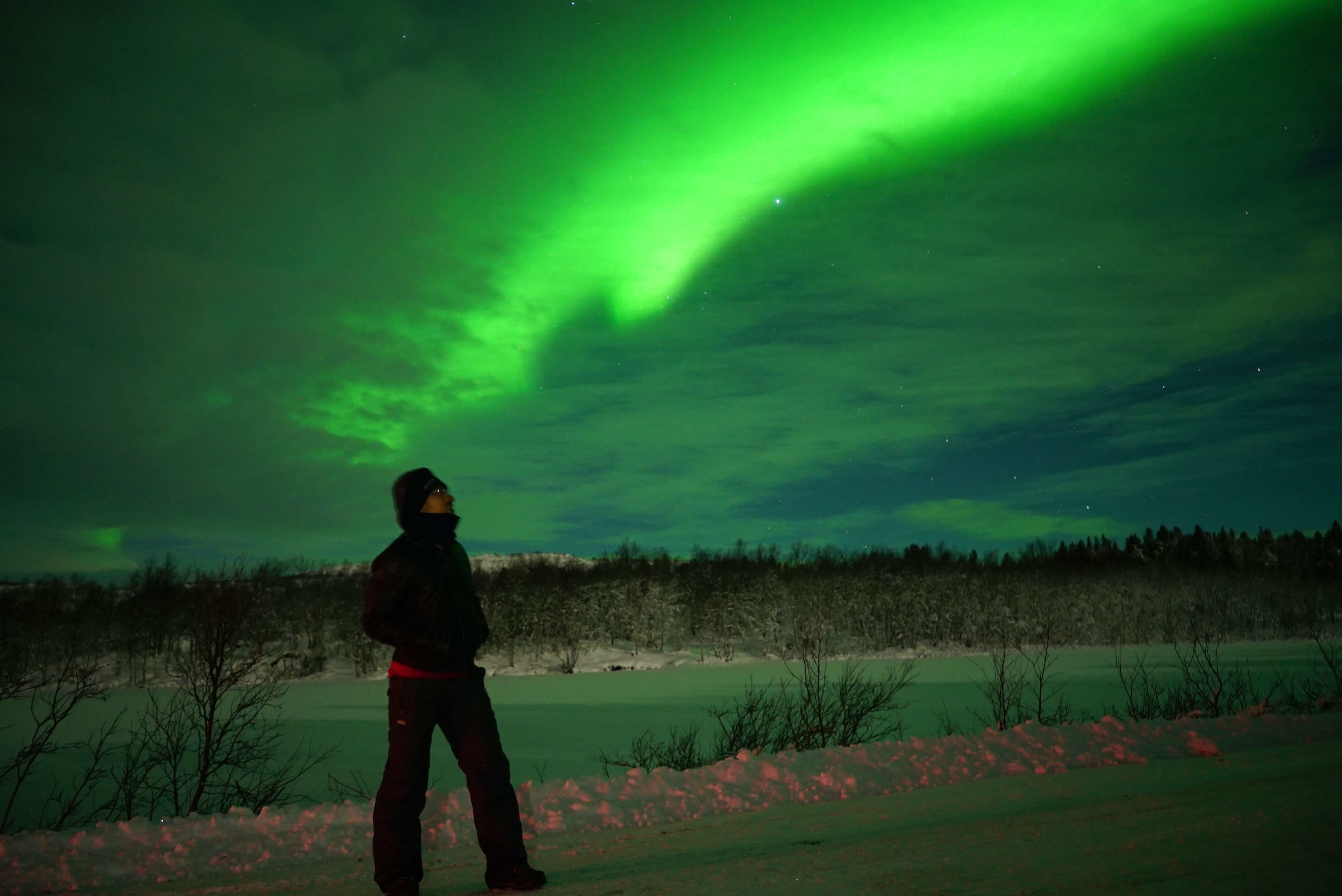 a guy standing by, amazaed by the dancing nortehrn light