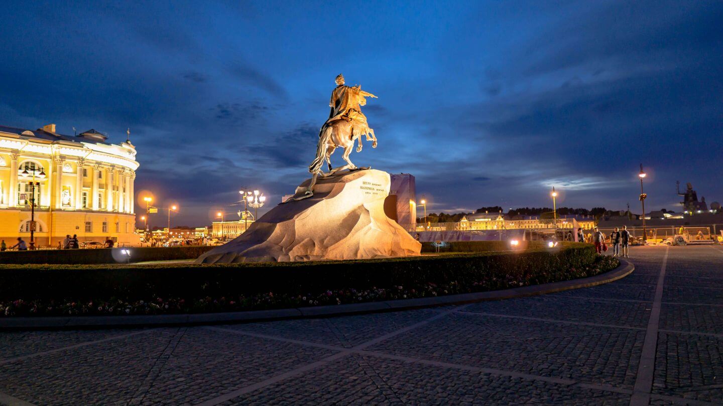 bronze horseman taken at midnight of white night in saint petersburg
