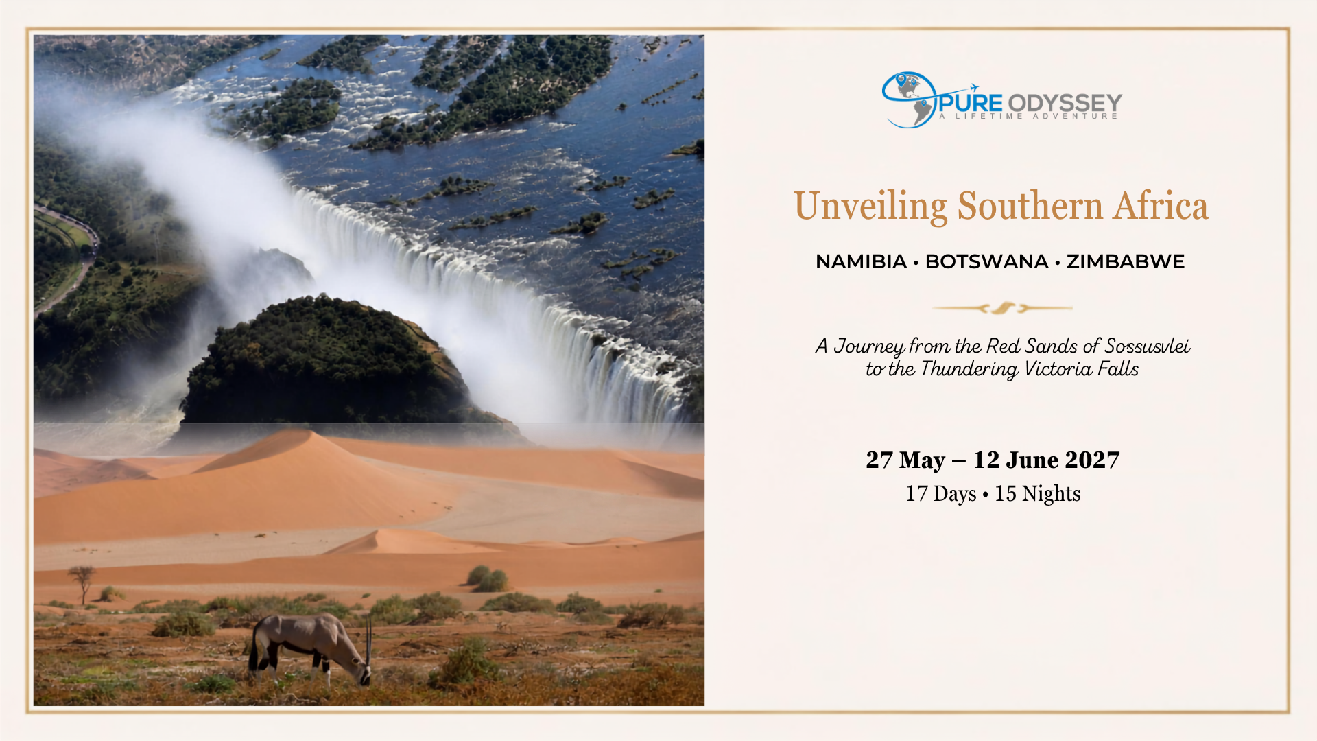 Split poster: left shows Victoria Falls with a grazing horse in the desert foreground; right panel lists 'Unveiling Southern Africa' with dates for a 2027 tour.