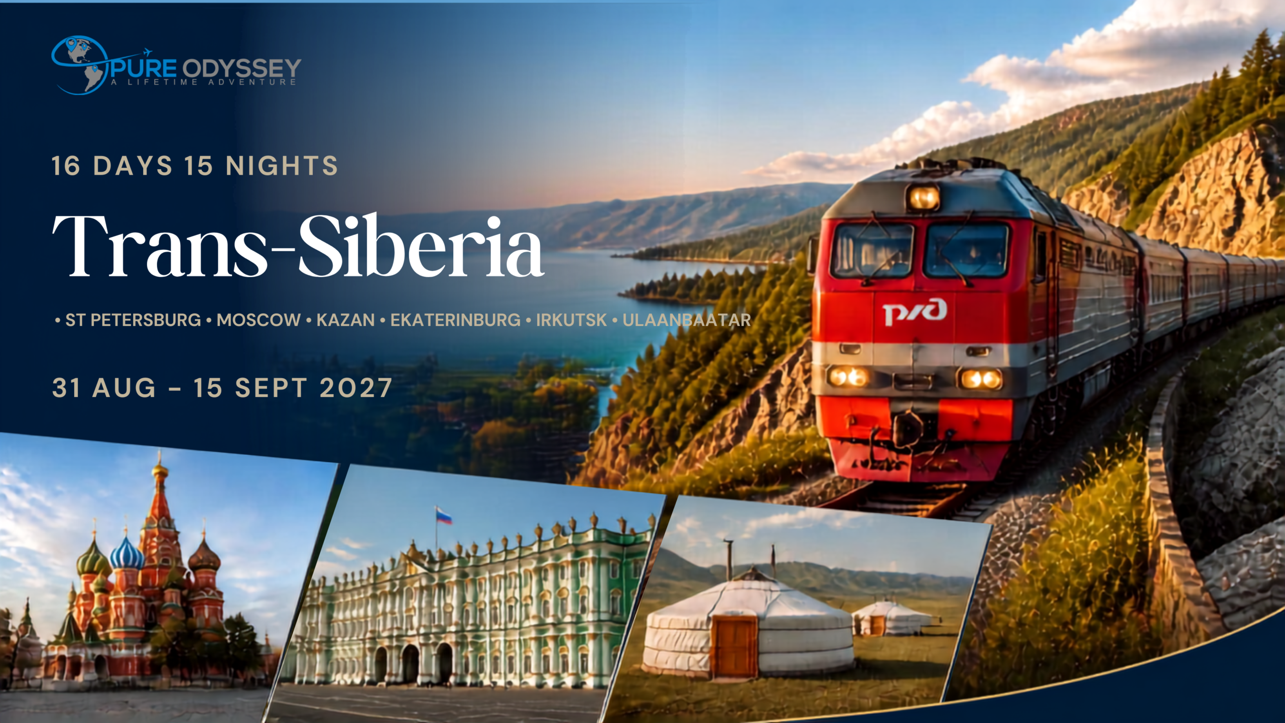 Promotional banner for a 16-day Trans-Siberia train journey by Pure Odyssey, with a red locomotive and scenic landscape.