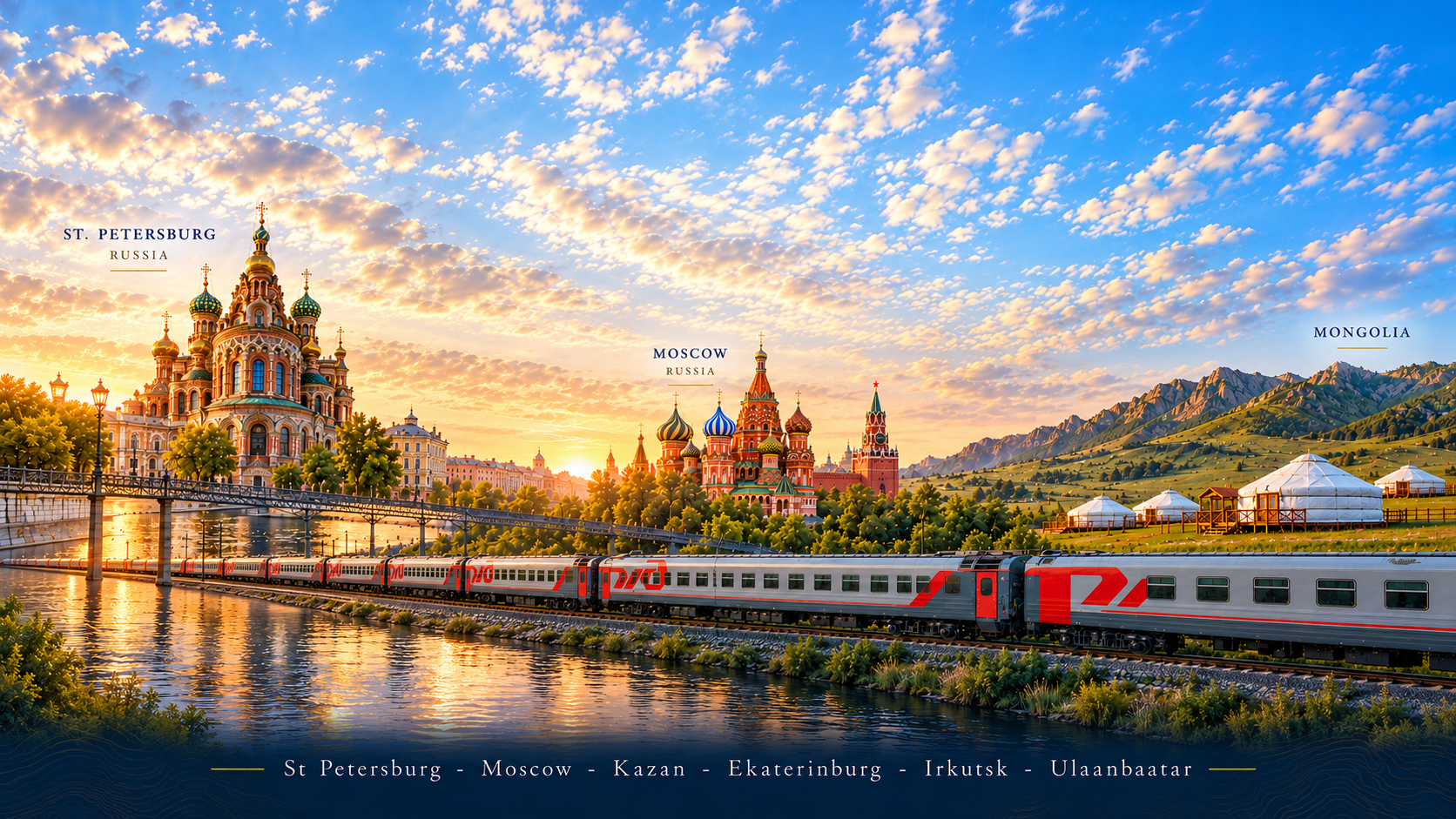 Travel poster showing St. Petersburg, Moscow, and other cities with a red passenger train along a river at sunset, mountains in the distance.