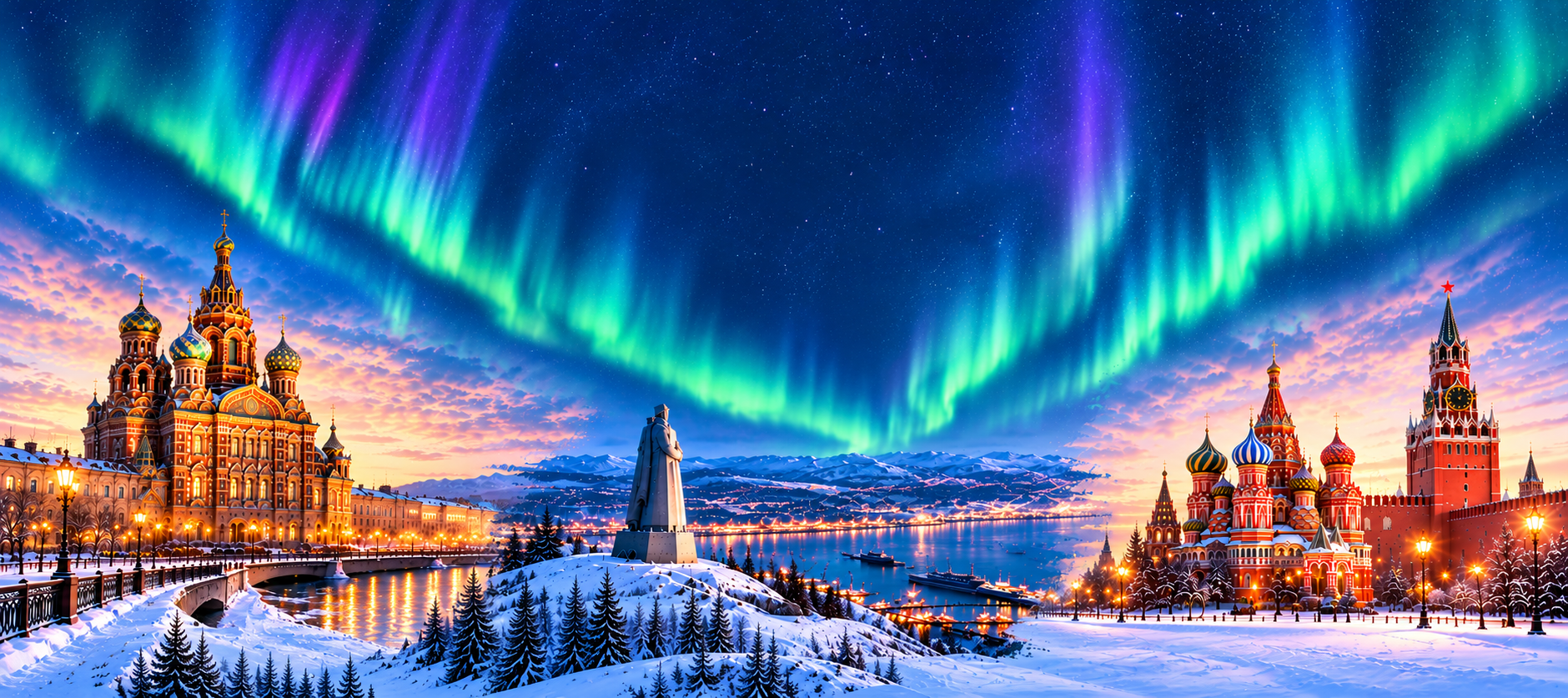 Snowy Moscow skyline at dusk with Saint Basil's Cathedral, the Kremlin, and the aurora borealis overhead.