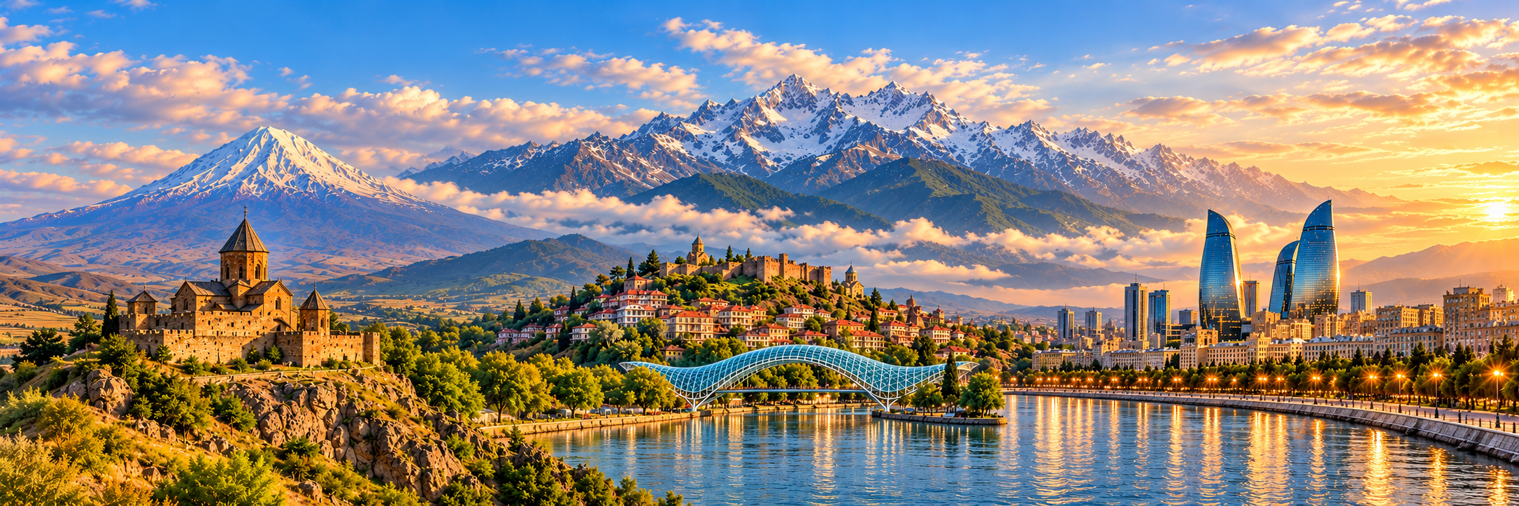 Panoramic view of snow-capped mountains, a medieval castle on a rocky hill, a hillside town, a glass pedestrian bridge, and a modern city along a river at sunset.