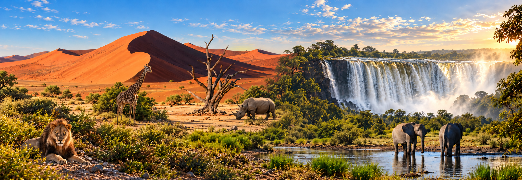 Lions resting in the foreground with a giraffe, a rhinoceros, elephants at a waterhole, desert dunes on the left, and a cascading waterfall on the right under a bright blue sky.