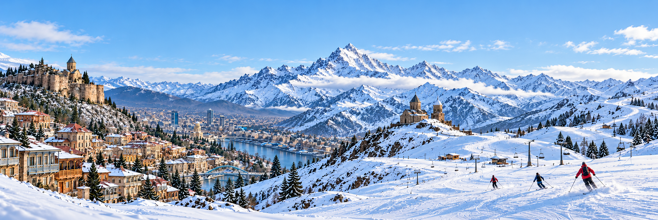 Snowy alpine village built along a lake, with a castle on a hill and snow-covered mountains in the background; skiers descend a slope.