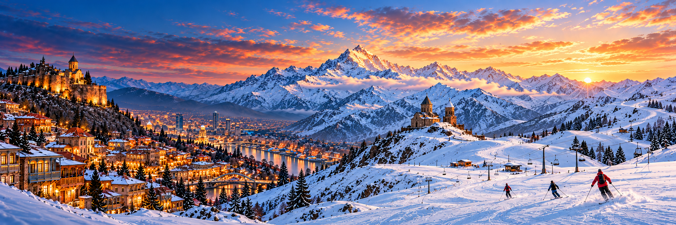 Snowy alpine village at sunset with illuminated buildings, a hilltop fortress, and snow-capped mountains; skiers in the foreground.